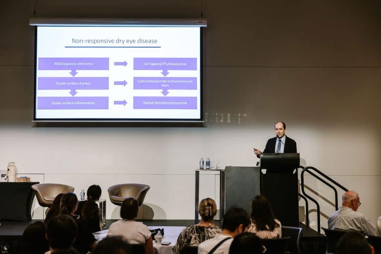 Presenter delivering a lecture on dry eye disease at the VFLI Conference 2026.