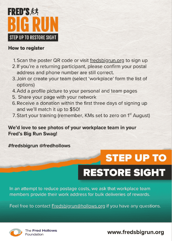 Fred's Big Run event poster promoting sight restoration fundraising.